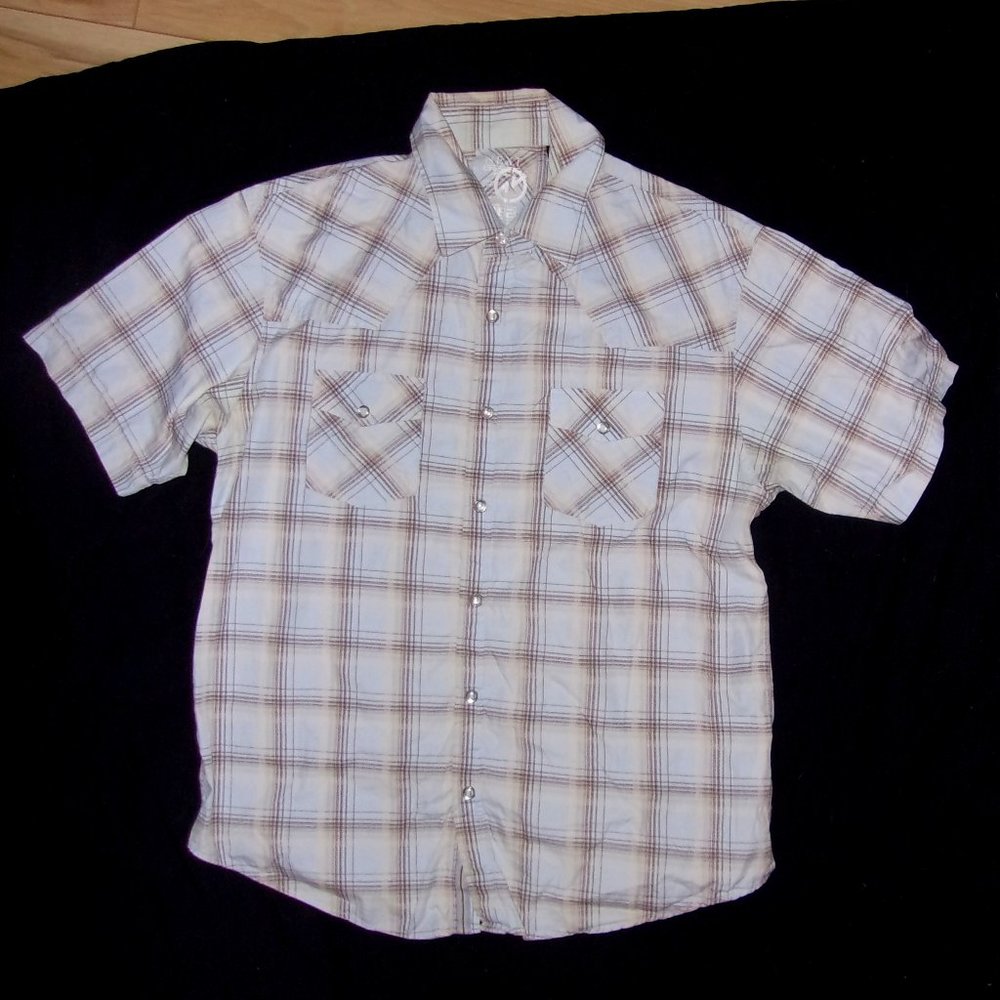 size medium men shirt casual dress short sleeved blue plaid tan western snap